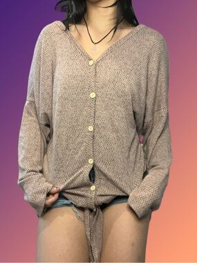 V-Neck Button Tie-Front Long Sleeve Top - Taupe